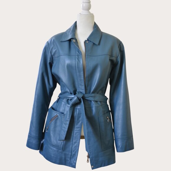 Excelled Jackets & Blazers - Excelled Teal Belted Leather Coat – Size L | Made in India
